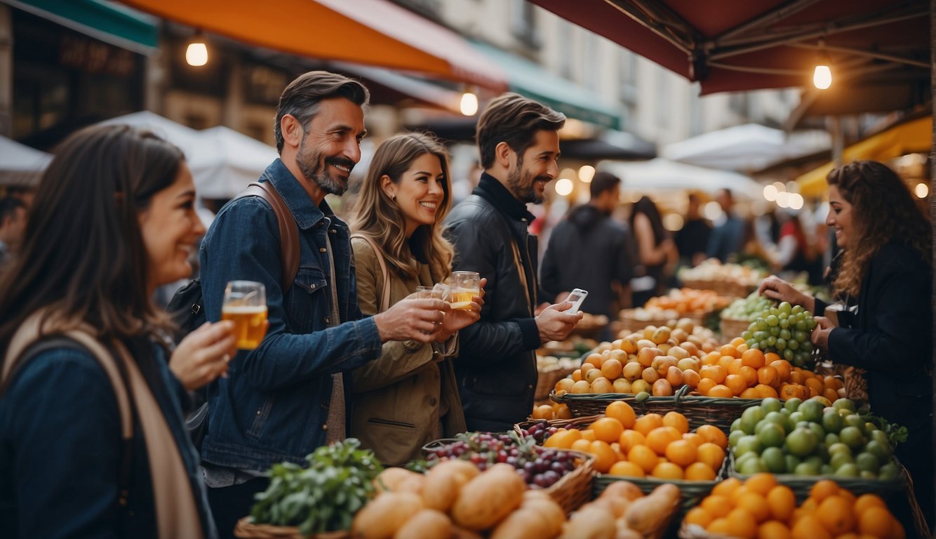 A group of people on a guided bike tour stop at a vibrant food market in Milan, sampling local delicacies and interacting with passionate food vendors