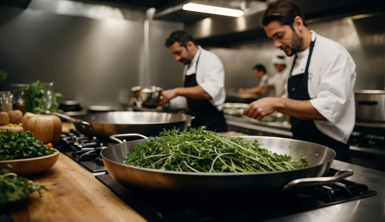 A bustling kitchen in Milan, filled with the aromas of fresh herbs and sizzling olive oil. A chef demonstrates traditional Italian cooking techniques to a group of eager students