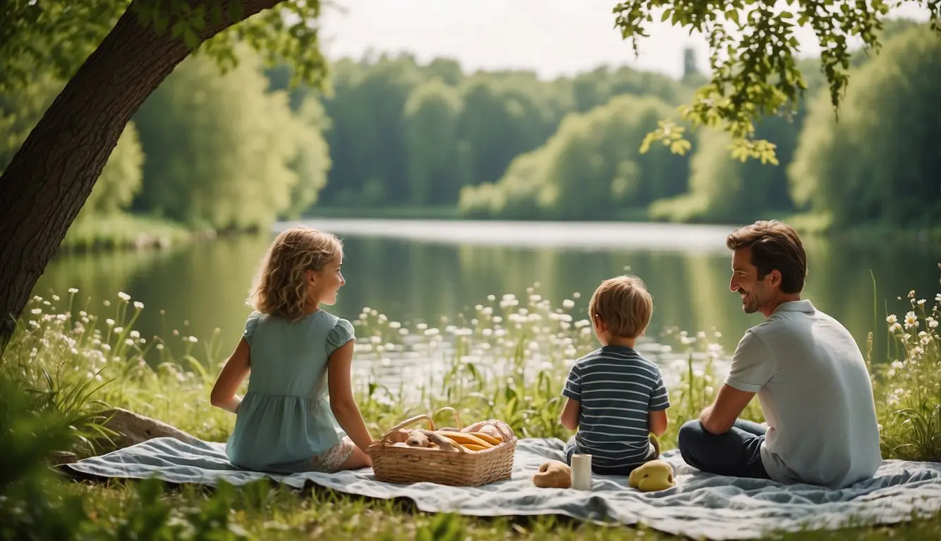A family enjoys a picnic by a tranquil lake, surrounded by lush greenery and vibrant wildflowers. They partake in outdoor activities like hiking and birdwatching, with the stunning Milan skyline in the distance
