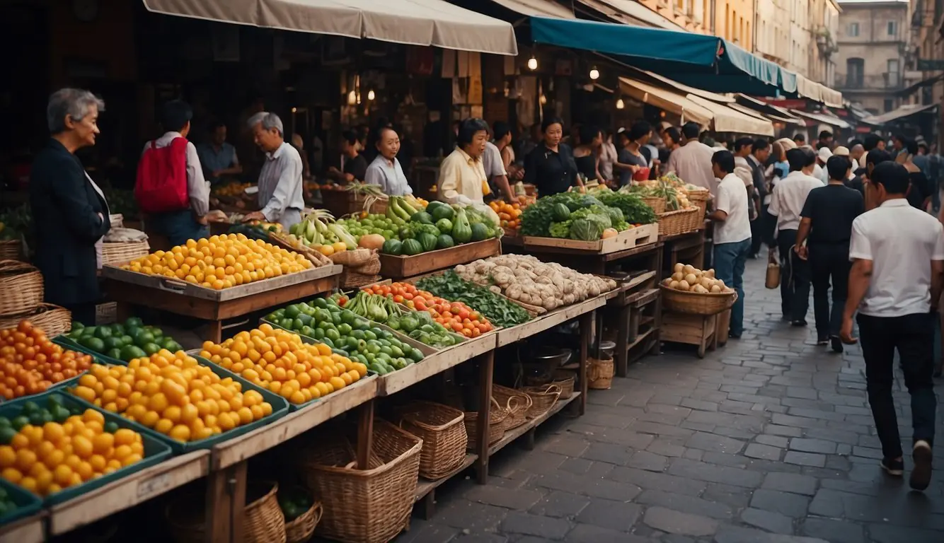 Vibrant street market with colorful stalls, bustling with locals and tourists. Narrow cobblestone streets lined with historic buildings and charming cafes