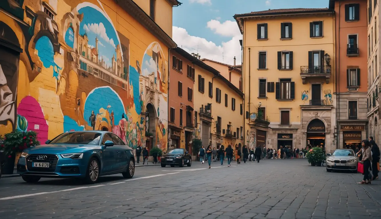 Vibrant street art adorns the walls of Milan, blending with historic architecture. Tourists admire the colorful murals, adding a modern twist to the city's cultural appeal