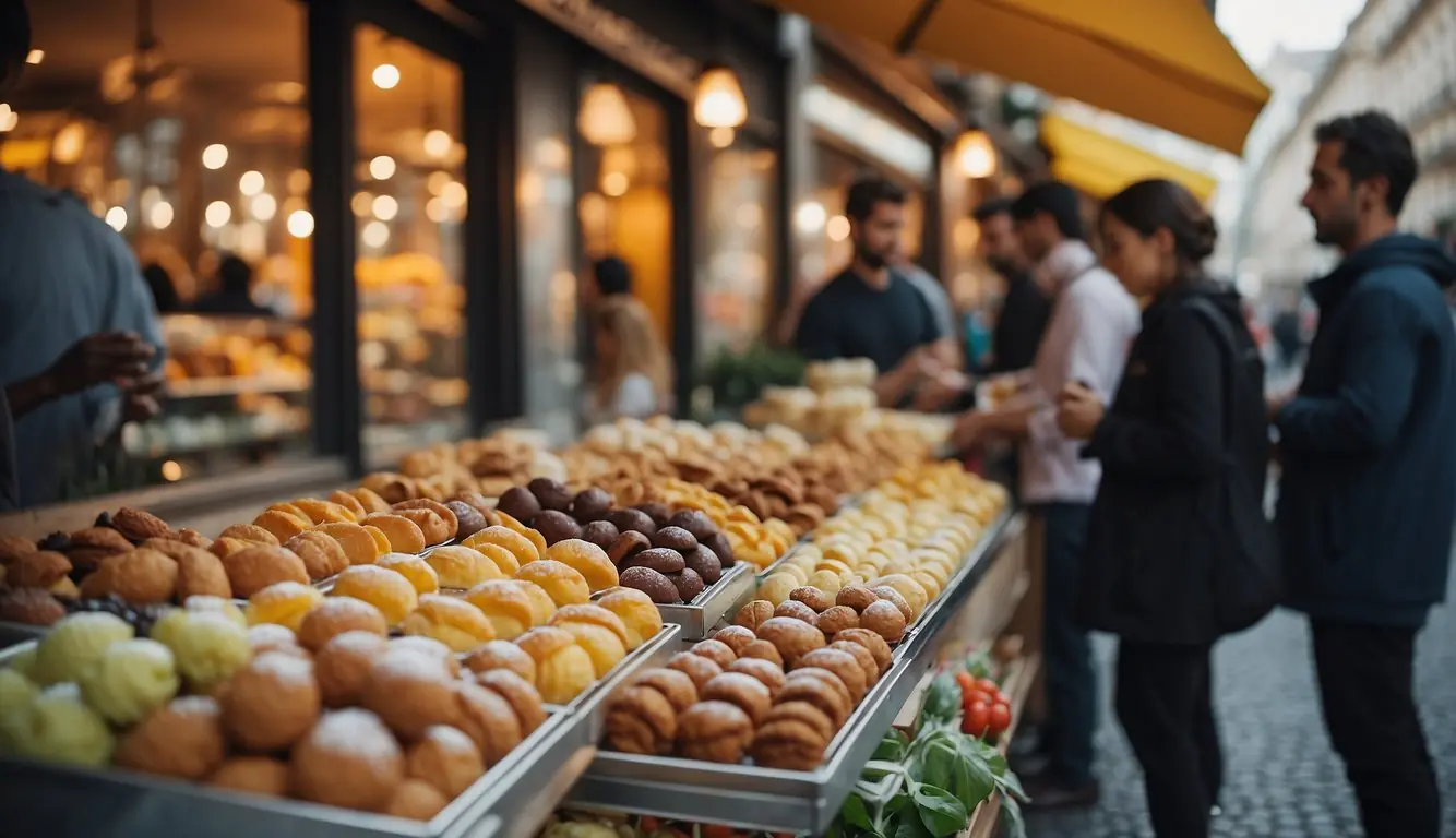 A bustling Milan street filled with colorful dessert stalls and sweet aromas. Patrons eagerly sample gelato, cannoli, and other indulgent treats