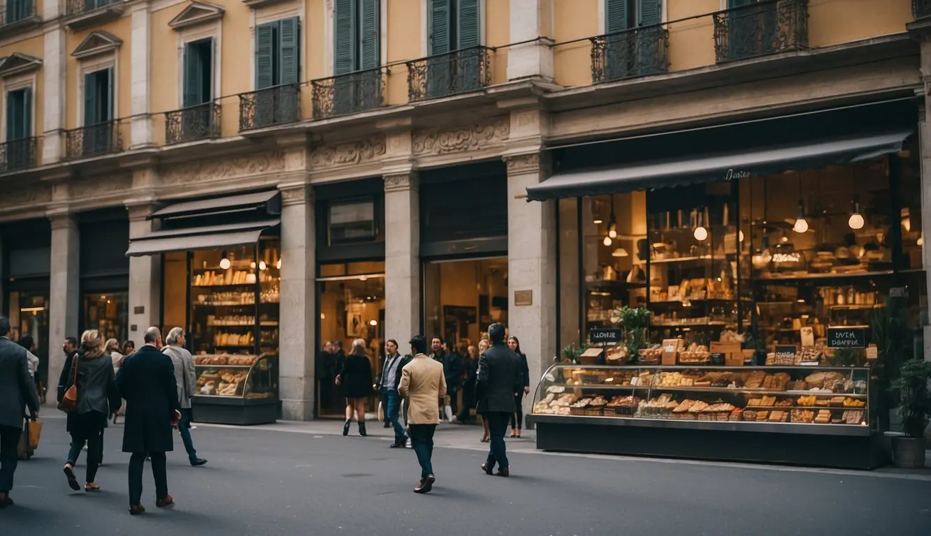 Milan's fashion events and culture: bustling city streets, elegant storefronts, and vintage shops filled with stylish treasures