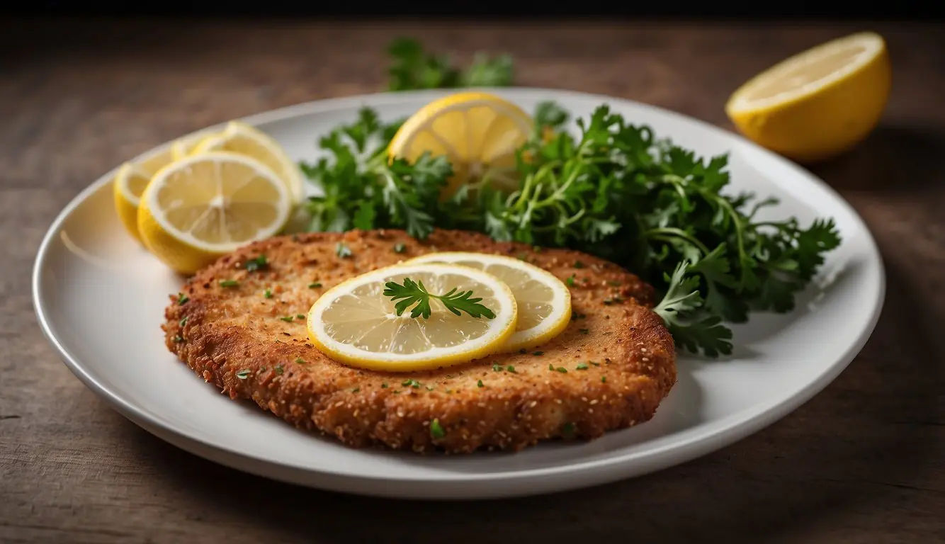 A plate of cotoletta alla milanese with a side of lemon wedges and a garnish of fresh parsley