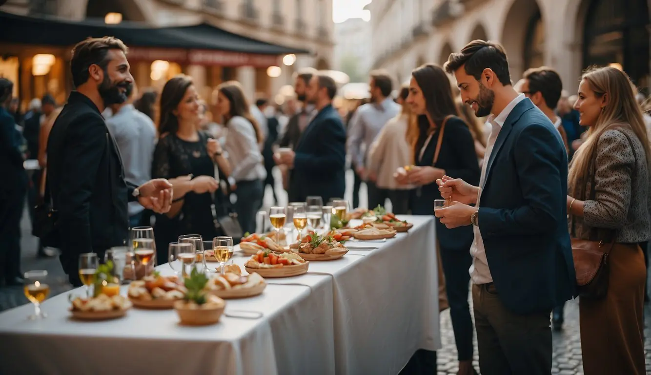 A bustling meetup event in Milan, with people mingling and exchanging contact information. Tables with name tags and refreshments. Vibrant atmosphere