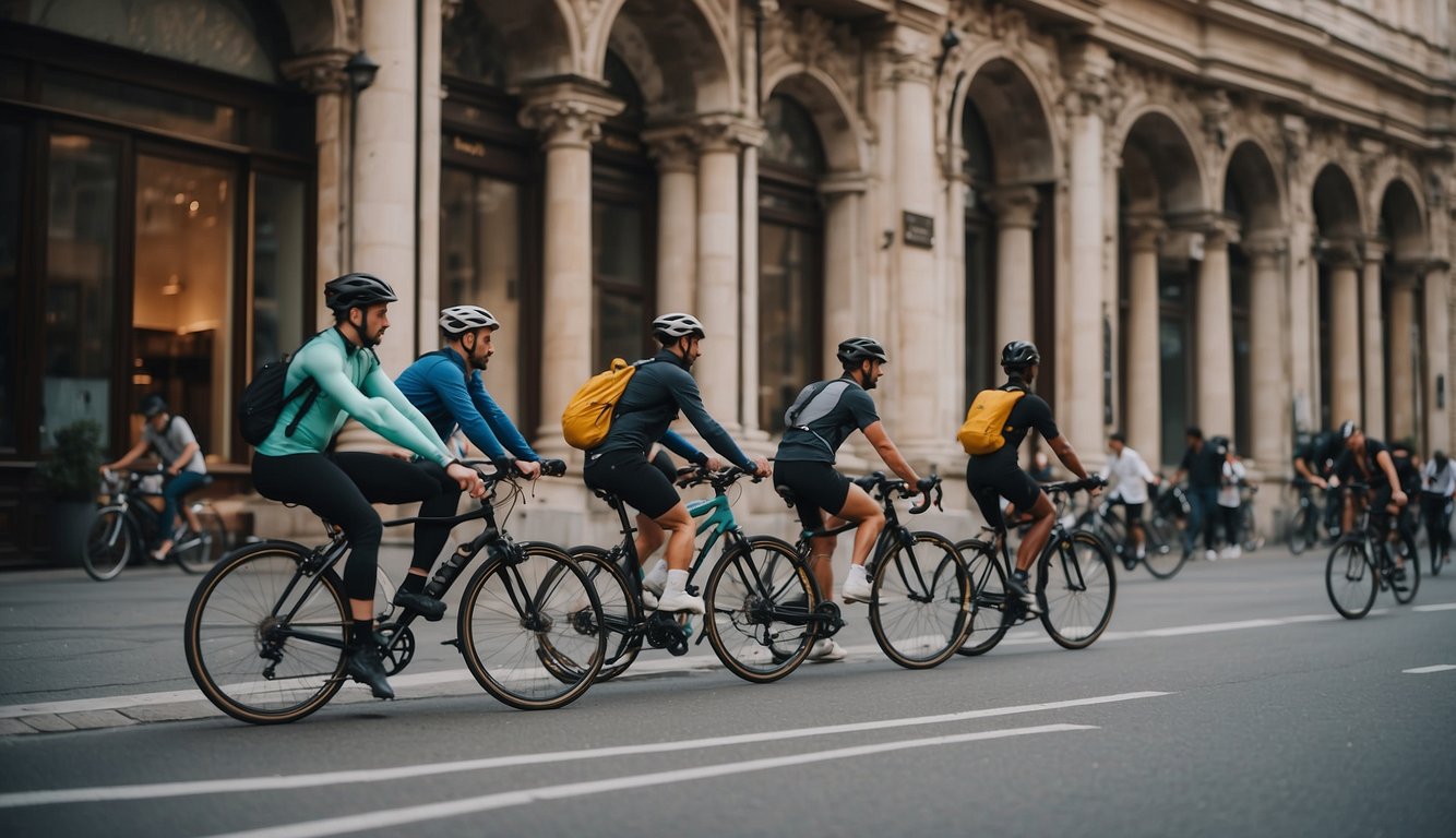 A group of cyclists follow a guide through the streets of Milan, passing by historic landmarks and bustling cafes