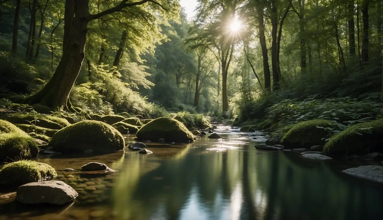 A tranquil stream winds through a lush forest, with sunlight filtering through the canopy onto the peaceful waters. A gentle breeze rustles the leaves, creating a serene atmosphere of nature and relaxation in Milan off the beaten path