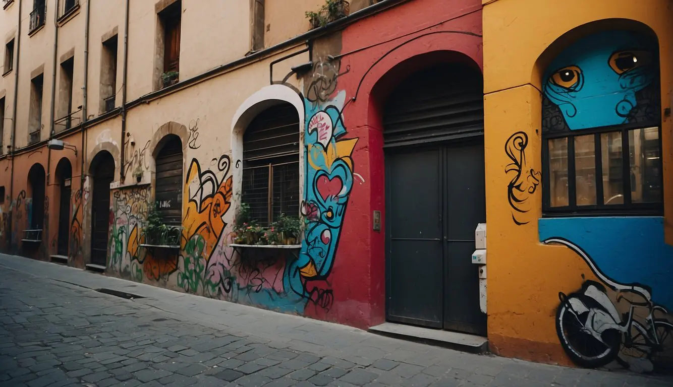 Vibrant graffiti covers the walls of a narrow Milan alleyway, with bold colors and intricate designs that capture the energy of the city