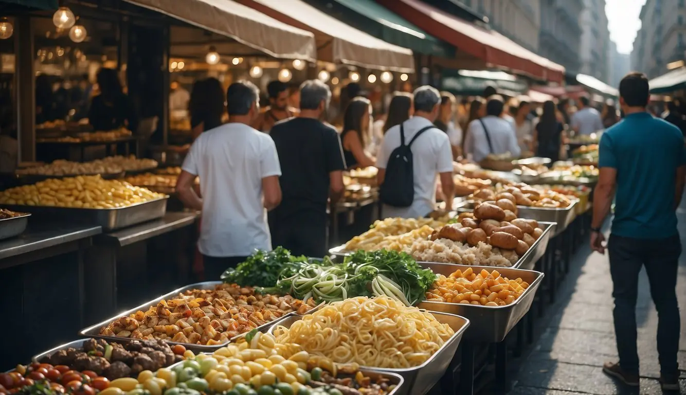 Busy Milan street with food stalls, vibrant colors, and people enjoying various local dishes