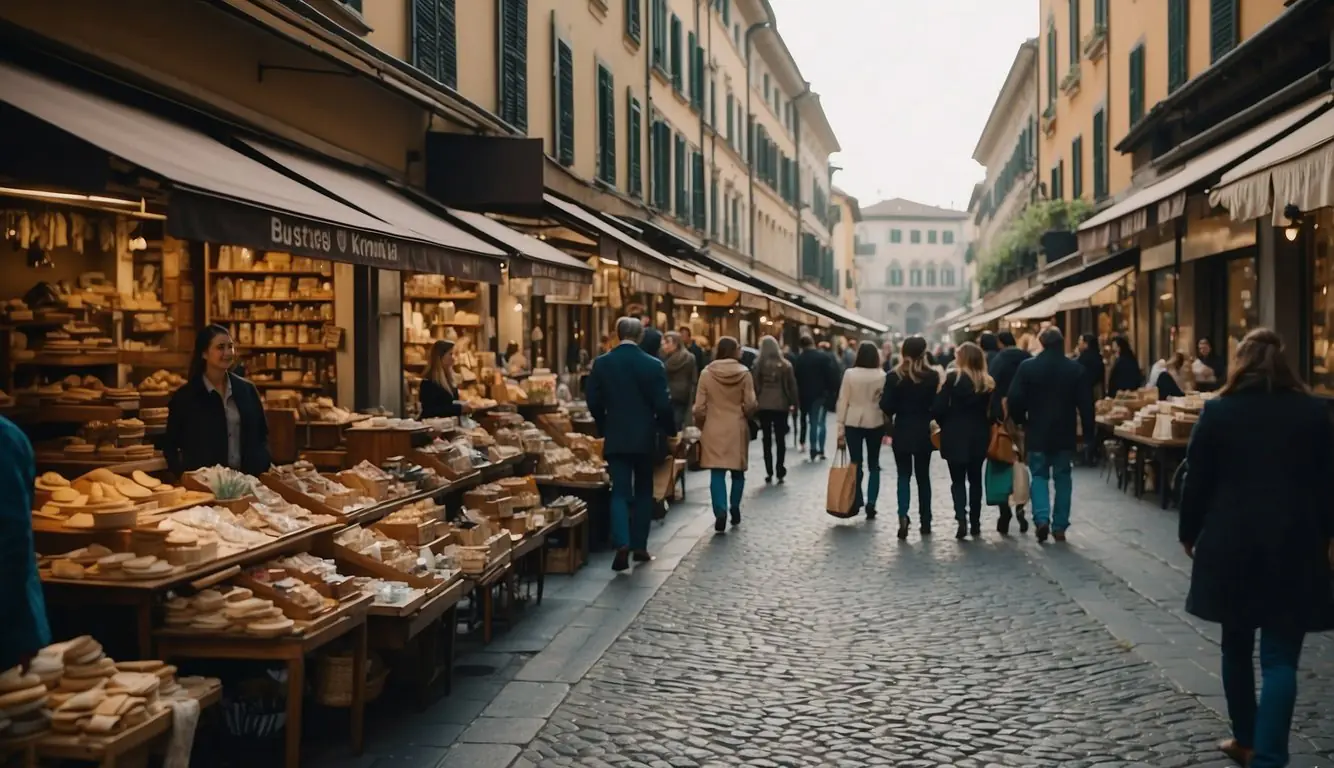 A bustling street lined with quaint, colorful boutiques and vintage shops in Milan, Italy. Shoppers browse through racks of unique clothing and accessories, while charming storefronts and cobblestone streets create a picturesque scene