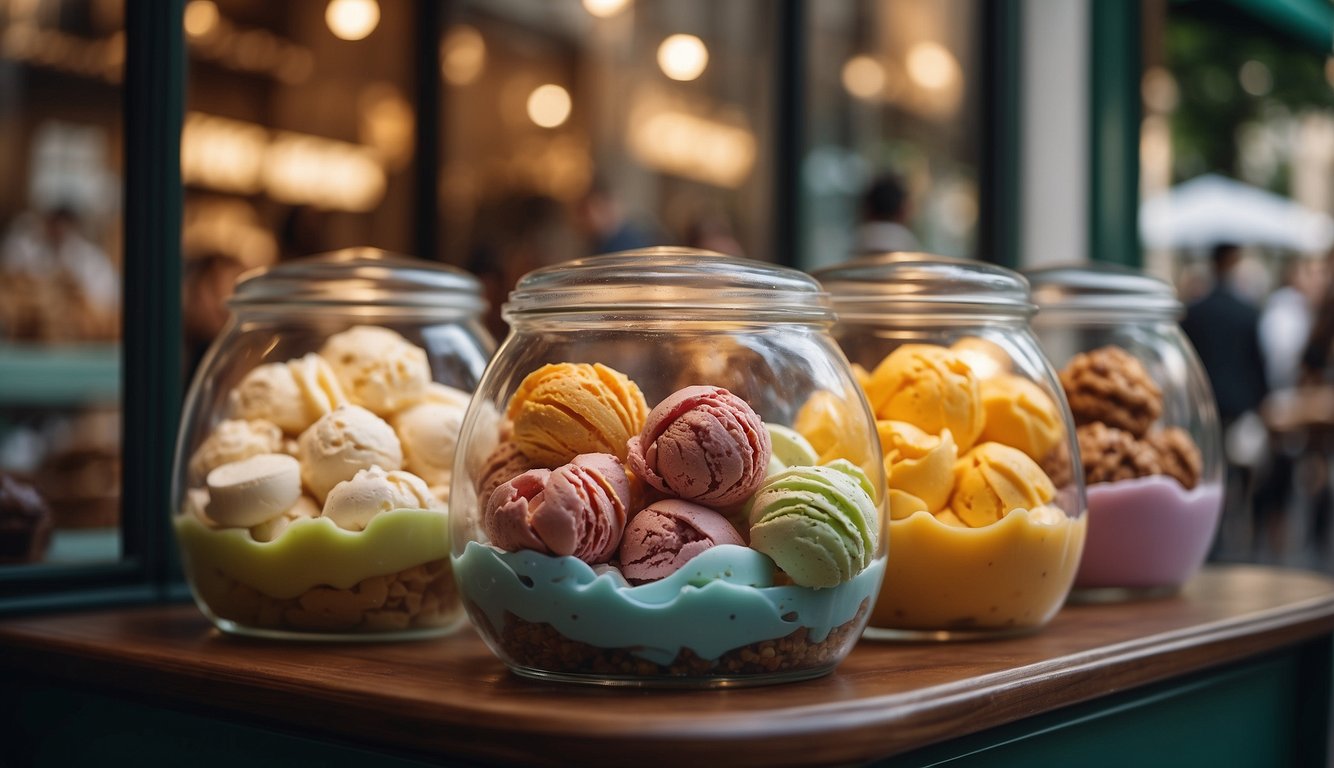 A colorful gelato shop in Milan, with a variety of flavors displayed in a glass case. Customers enjoy their treats at small outdoor tables