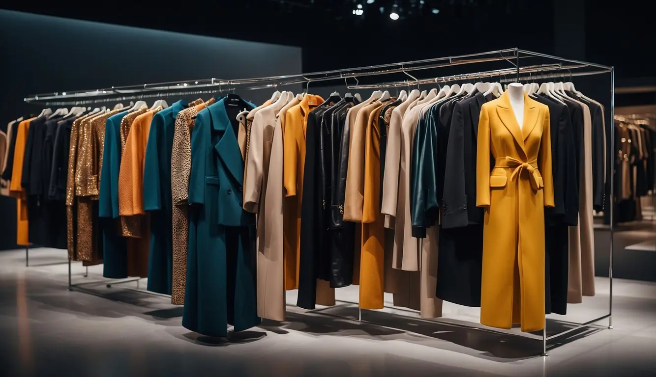 A rack of chic, affordable outfits for Milan Fashion Week. Bold colors, sleek silhouettes, and trendy accessories on display