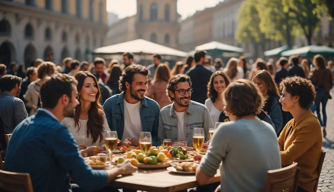 A group of people gather in a vibrant Milanese square, engaging in various leisure and cultural activities, from art workshops to language exchanges, creating a lively and welcoming atmosphere for meeting new people