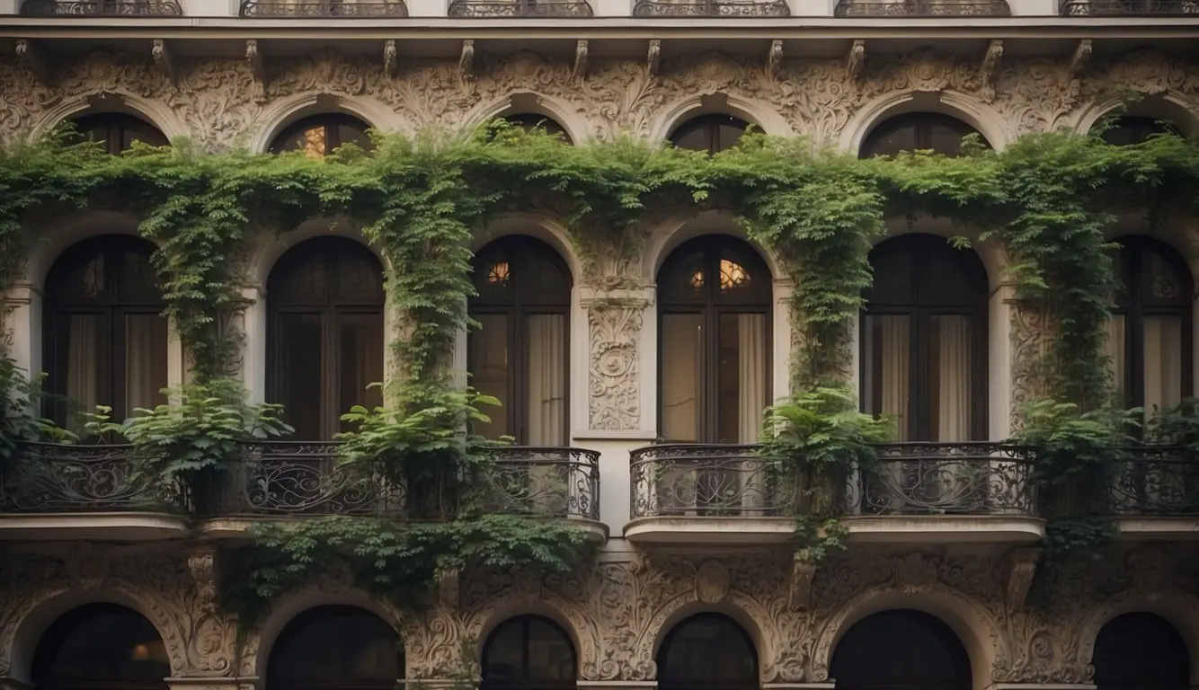 Lush foliage intertwines with intricate ironwork on the facade of a Milanese building, capturing the essence of Art Nouveau