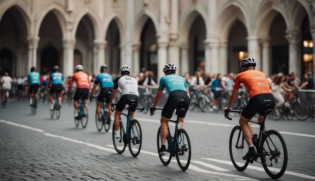 A group of cyclists ride through the charming streets of Milan, passing by historic landmarks and bustling cafes
