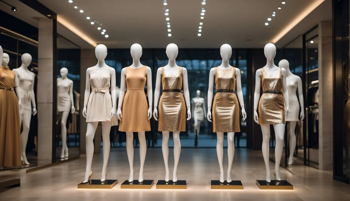Mannequins display latest fashion in upscale Milan outlet. Shoppers browse racks of designer clothing. Bright lights illuminate the stylish, modern interior