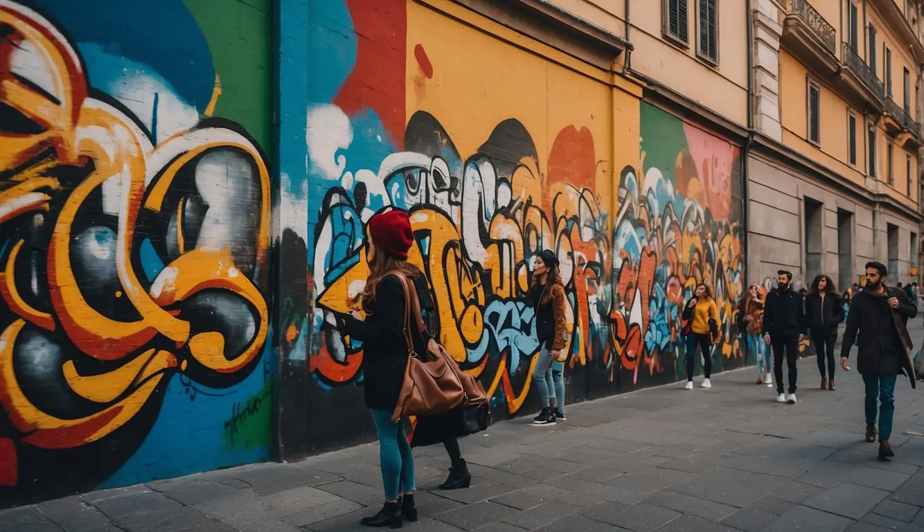 Colorful graffiti covers the walls of a bustling Milan street. Passersby stop to admire the vibrant artwork, depicting various themes and styles