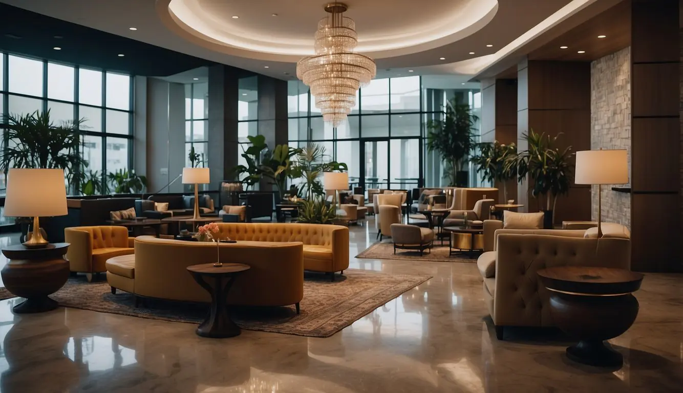 A stylish boutique hotel lobby with modern decor, cozy seating areas, and a chic reception desk