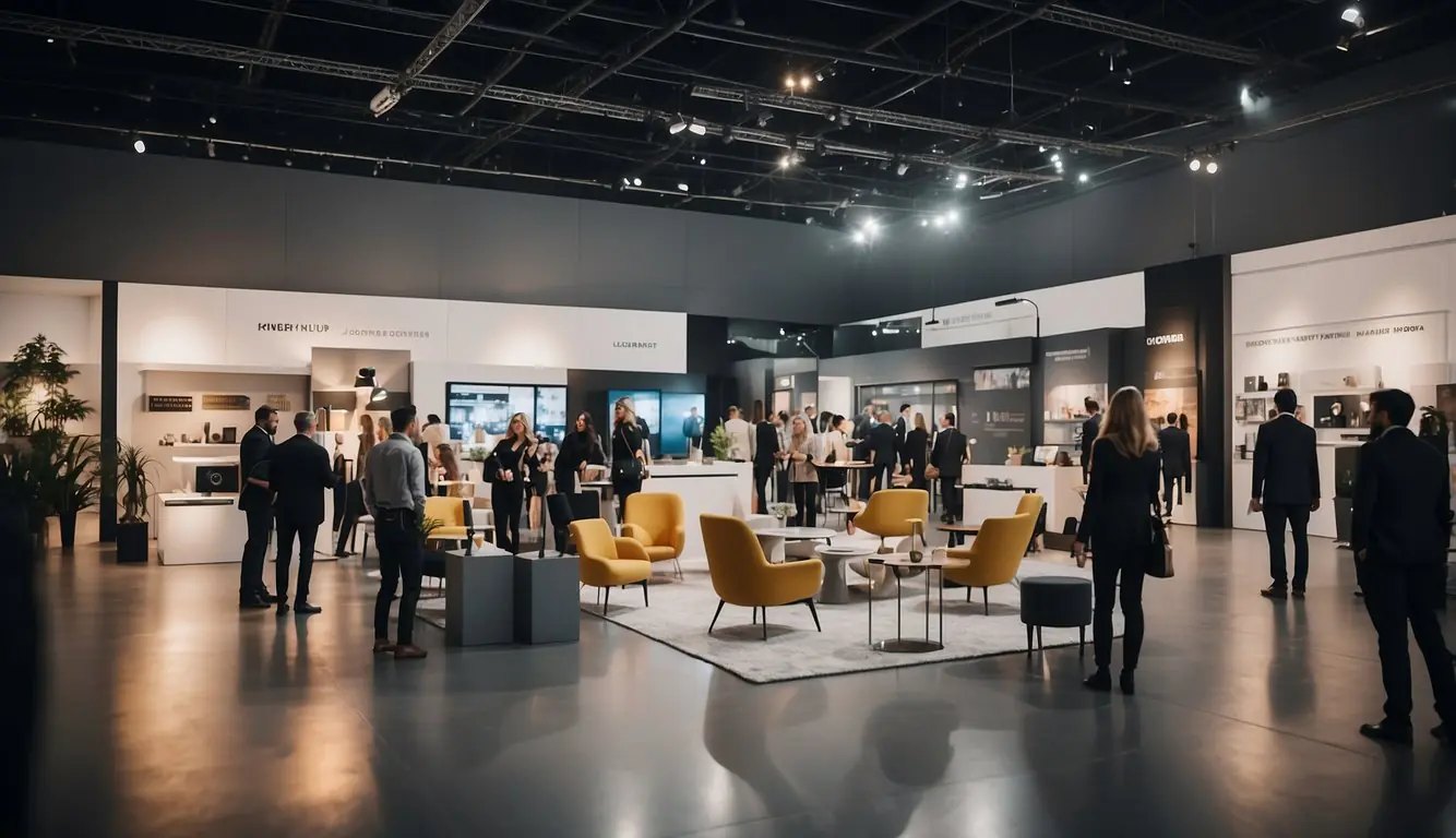 A bustling exhibition hall with modern furniture displays, designers networking, and visitors exploring the latest trends in interior design