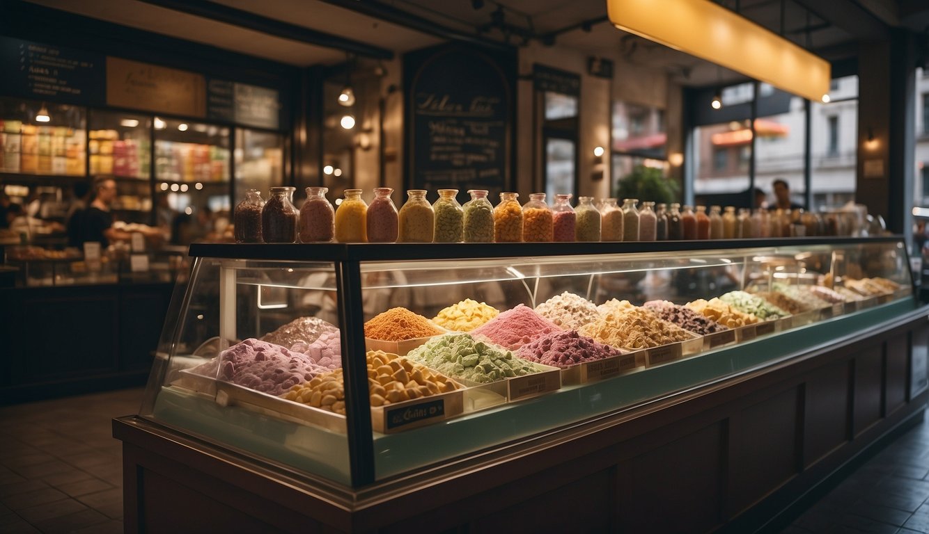 A bustling gelato shop in Milan with a colorful display of various flavors, a long line of customers, and a sign that reads "Frequently Asked Questions: Best gelato in Milan."
