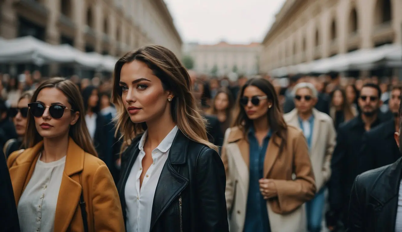 A bustling crowd at Milan Fashion Week, with attendees wearing trendy, low-cost outfits. The scene is filled with excitement and anticipation for the latest fashion trends