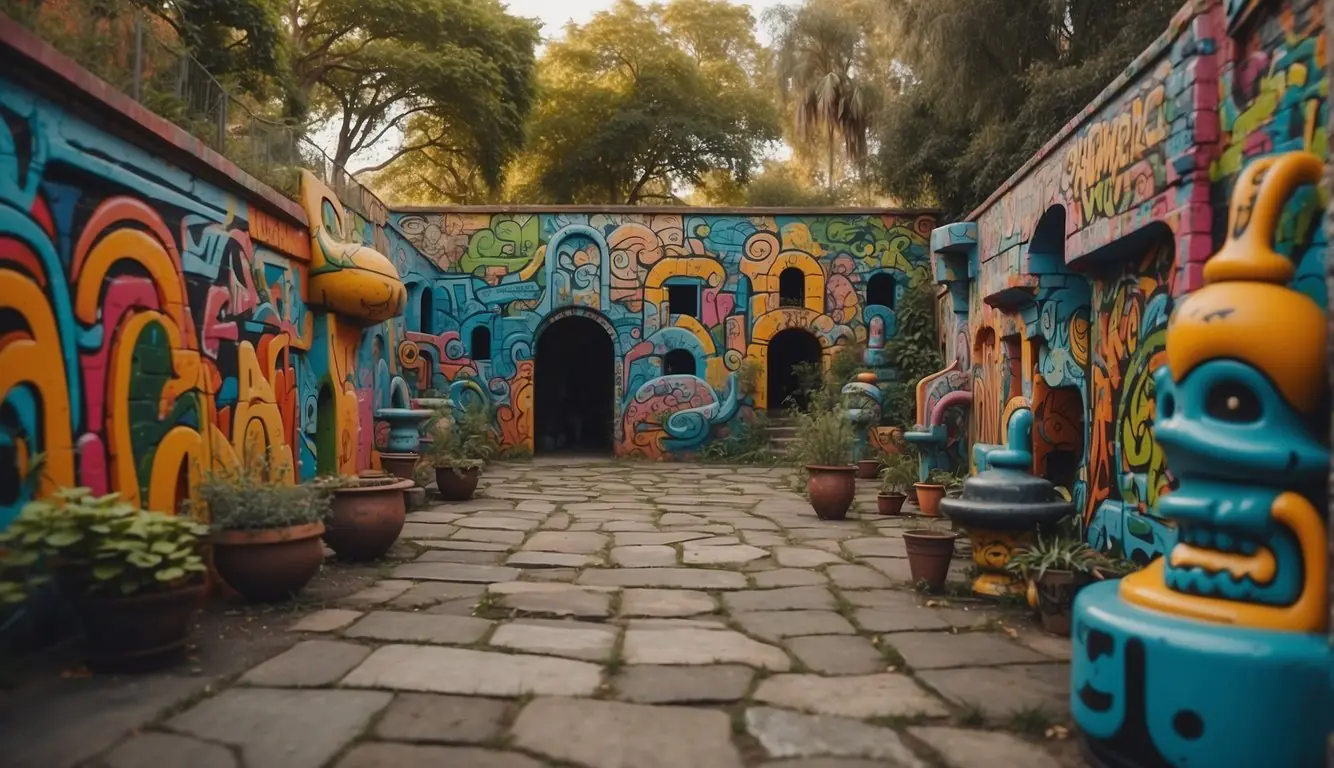 A labyrinth of colorful graffiti-covered walls leads to a secret garden filled with whimsical sculptures and vibrant murals