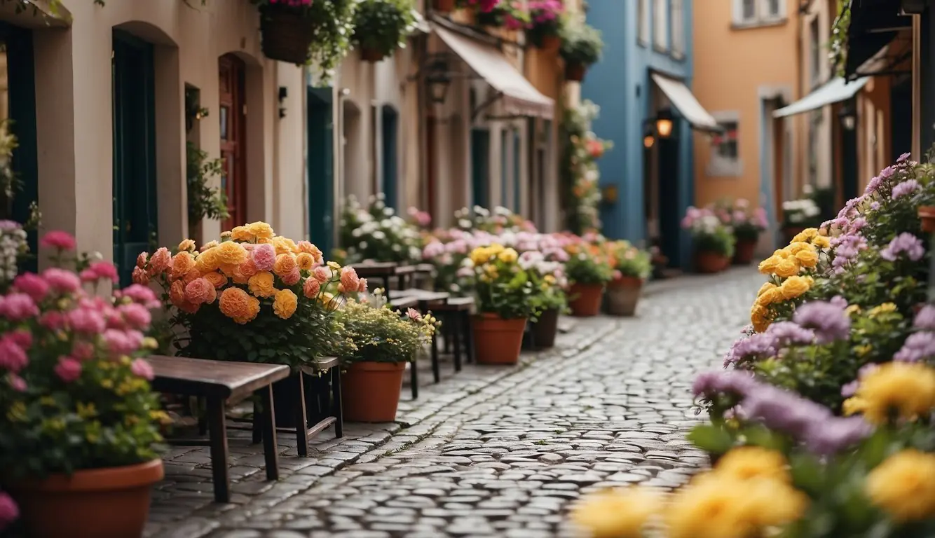 A cobblestone alley lined with colorful buildings and blooming flowers, leading to a hidden courtyard with a quaint café and locals enjoying espresso