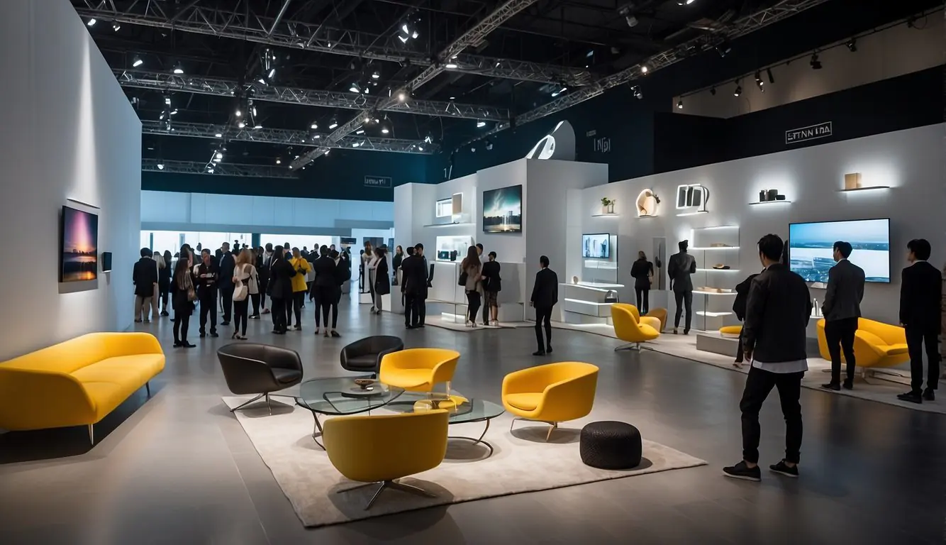 Vibrant exhibition hall filled with cutting-edge furniture and lighting designs. Crowds admire sleek, minimalist pieces alongside bold, avant-garde creations