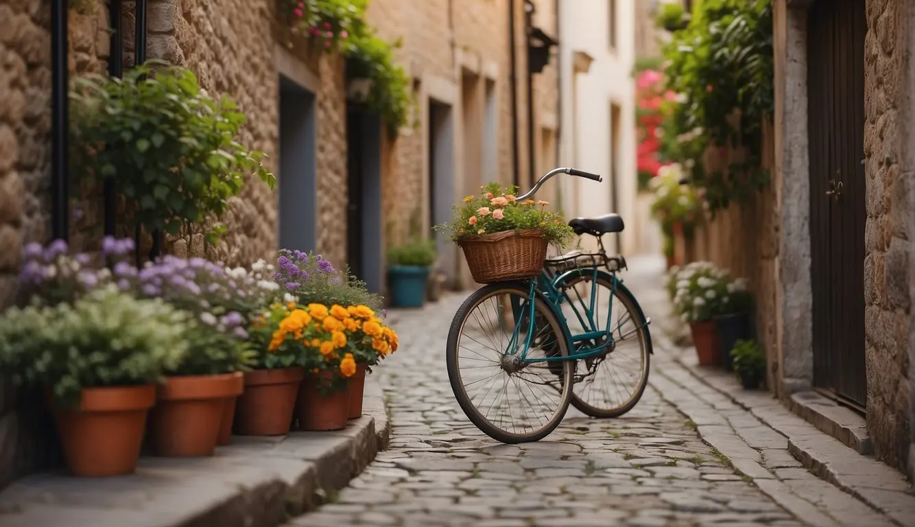 A quaint cobblestone alley lined with colorful, shuttered buildings. A bicycle leans against a stone wall, surrounded by blooming potted plants