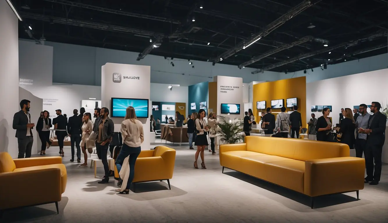 A bustling exhibition hall with sleek, modern furniture displays, designers engaged in conversation, and visitors eagerly exploring the latest trends in interior design