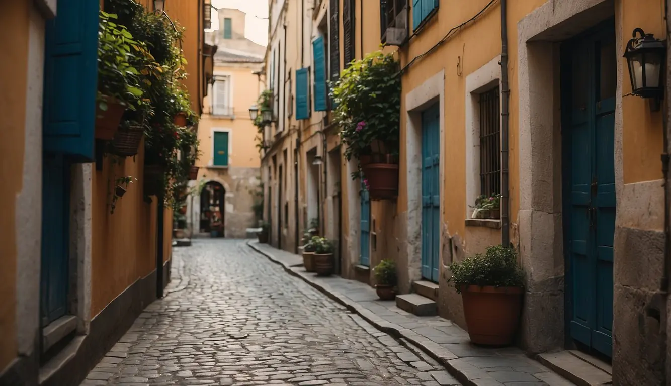 A narrow cobblestone alley lined with colorful, centuries-old buildings, with laundry hanging from the windows and locals chatting in the shadows