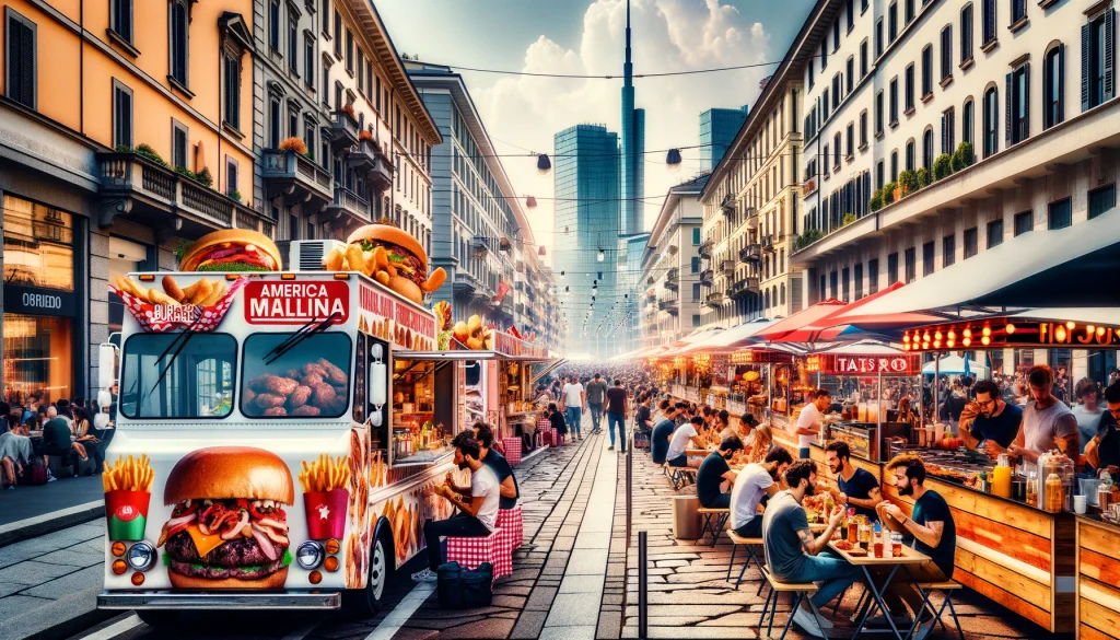 American Street Food in Milan. A bustling Milan street lined with food trucks and stalls serving American street food. The aroma of sizzling burgers and hot dogs fills the air as people line up to order.
