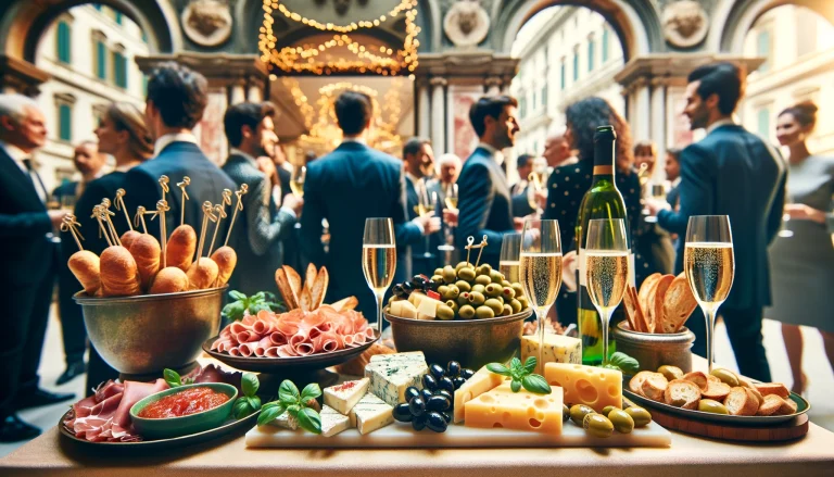 Aperitivo Buffets in Milan. Colorful aperitivo spread with various cheeses, cured meats, olives, and bread. Bubbling prosecco glasses and lively conversation in a chic Milanese setting.