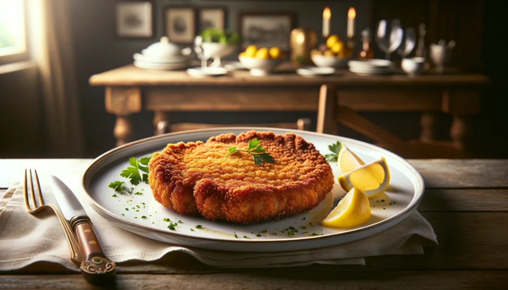 Cotoletta alla milanese. A golden-brown Cotoletta alla Milanese served on a white plate, garnished with lemon wedges and fresh parsley, embodying the elegance of Milanese cuisine.