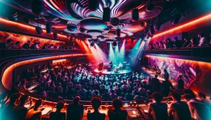 Milan Underground Music Venues. A vibrant underground music venue in Milan, showcasing a live jazz performance with an energetic crowd.