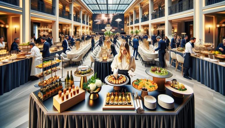 Event Catering in Milan. A bustling event catering setup in Milan, featuring elegant table settings, exquisite food displays, and attentive staff serving guests.