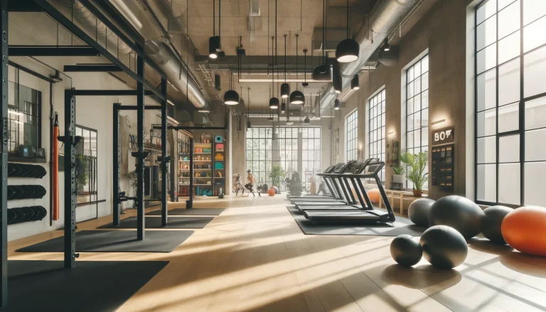 Fitness Classes in Milan. A modern fitness studio in Milan with people engaging in yoga and HIIT classes, featuring large windows and advanced workout equipment.