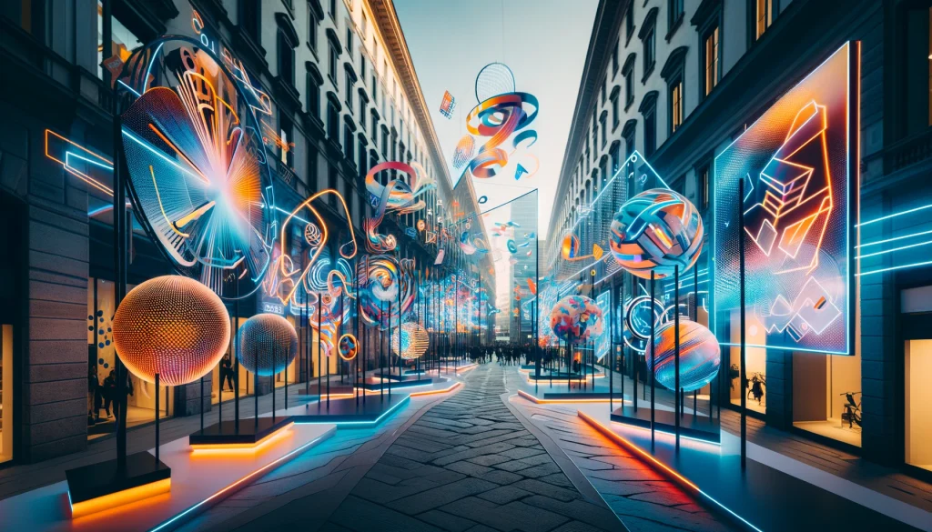 Free Events at Milan Design Week. Dynamic scene of Milan Design Week with crowds exploring free street installations reflecting contemporary design trends.