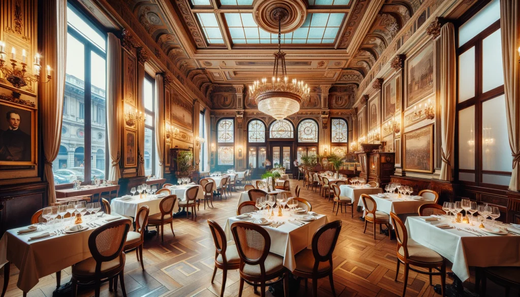 Historic Restaurants in Milan. Historic Milanese restaurant with vintage decor, set tables, and ornate architecture, capturing the essence of traditional dining experiences.