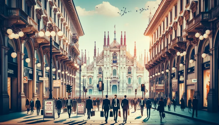 How to Find a Job in Milan. A bustling Milan street with iconic landmarks, highlighting the vibrant job market and career opportunities in the city.