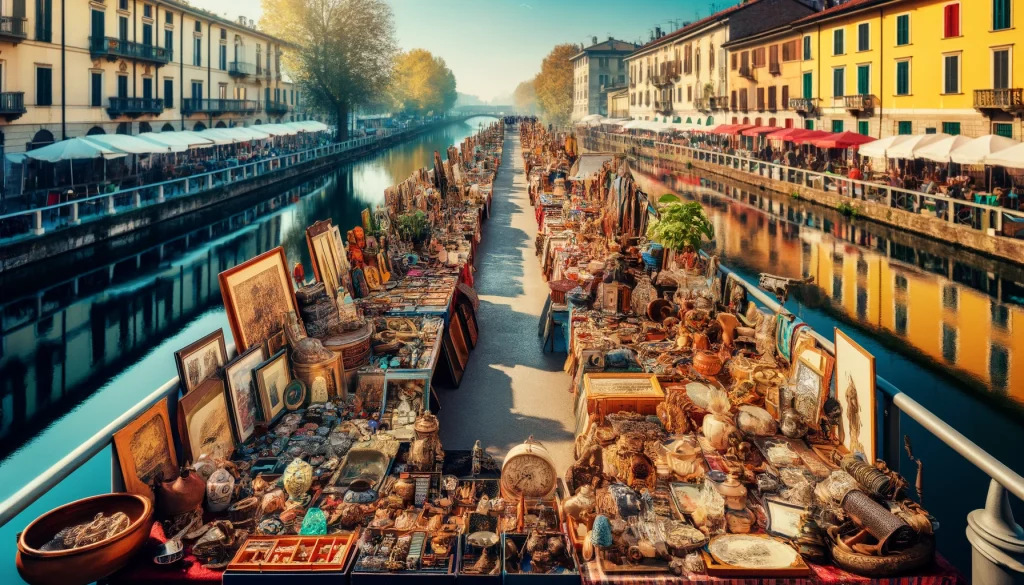 Colorful antique stalls along Milan's Navigli canal, showcasing a rich array of vintage collectibles and treasures.