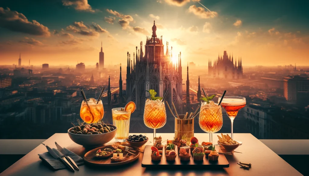 Milan Aperitivo with a View. Elegant rooftop aperitivo setup overlooking Milan's skyline at sunset, embodying the city's rich tradition and vibrant lifestyle.
