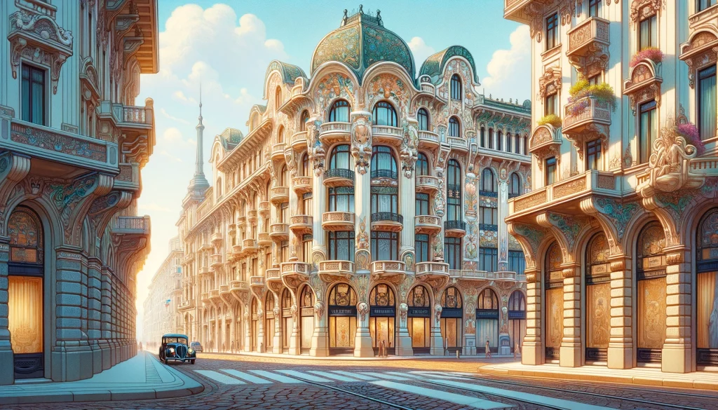 Milan Art Nouveau. Iconic Milan Art Nouveau architecture, featuring intricate floral motifs and elegant designs characteristic of the early 20th century.