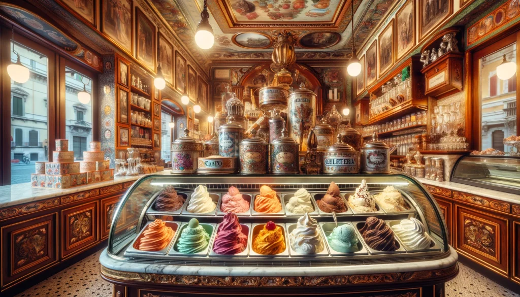 Milan Artisanal Gelato Makers. Artisanal gelato display in Milan featuring a variety of flavors.