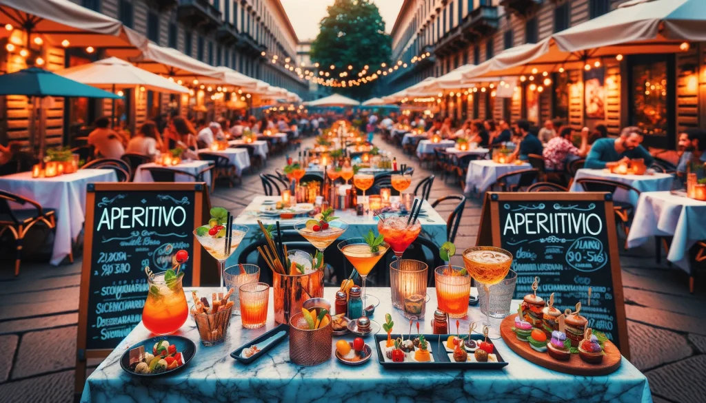 Milan Best Aperitivo Deals. Colorful cocktails and appetizers at a bustling Milanese bar during aperitivo hour, capturing the essence of Milan's social dining culture.