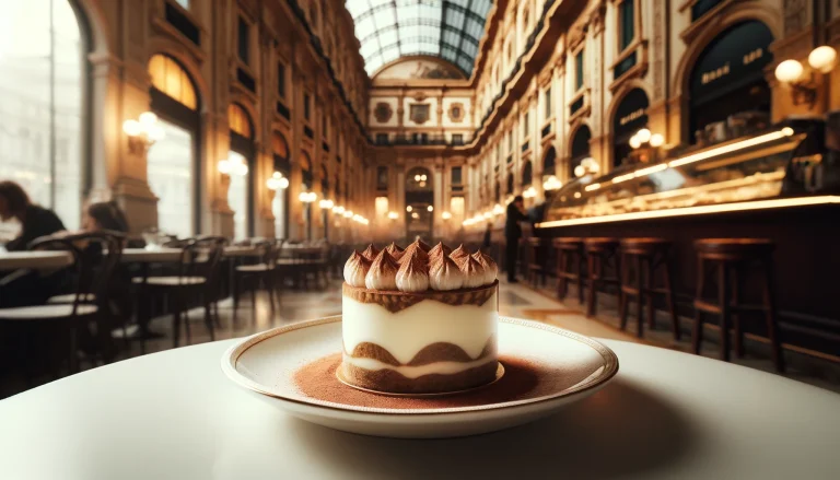 Milan Best Tiramisù. Elegant tiramisù served in a cozy Milan café, showcasing the rich flavor and cultural essence of Milan.