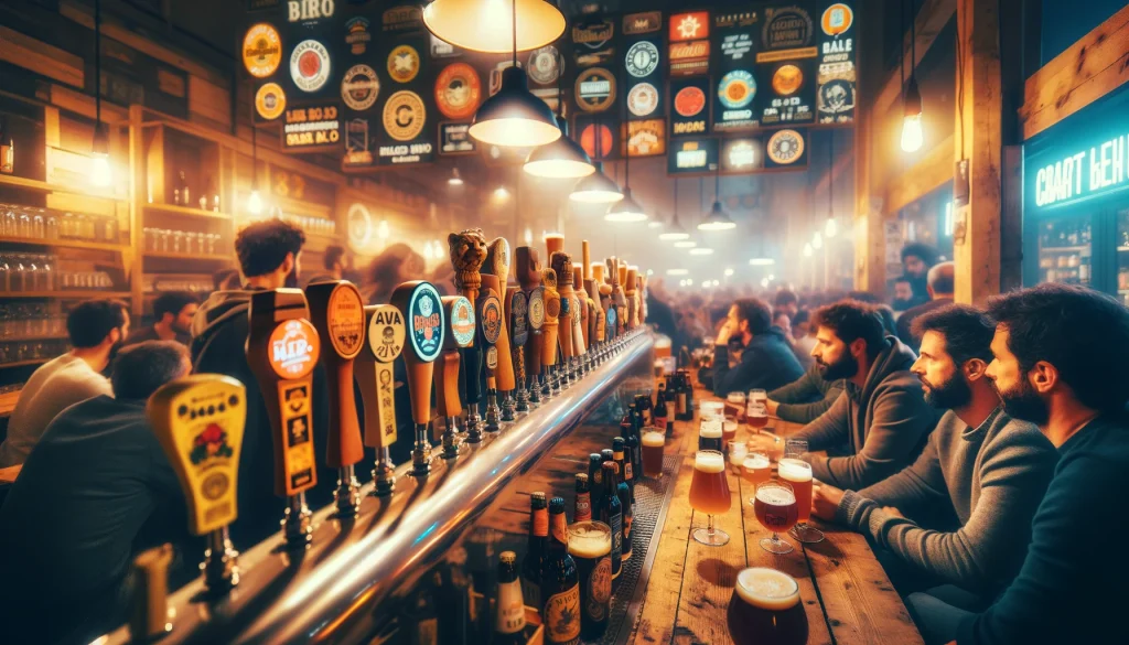 Milan Craft Beer Bars. A vibrant craft beer bar in Milan, showcasing a wide range of local and international craft beers, with a lively crowd enjoying the unique atmosphere.
