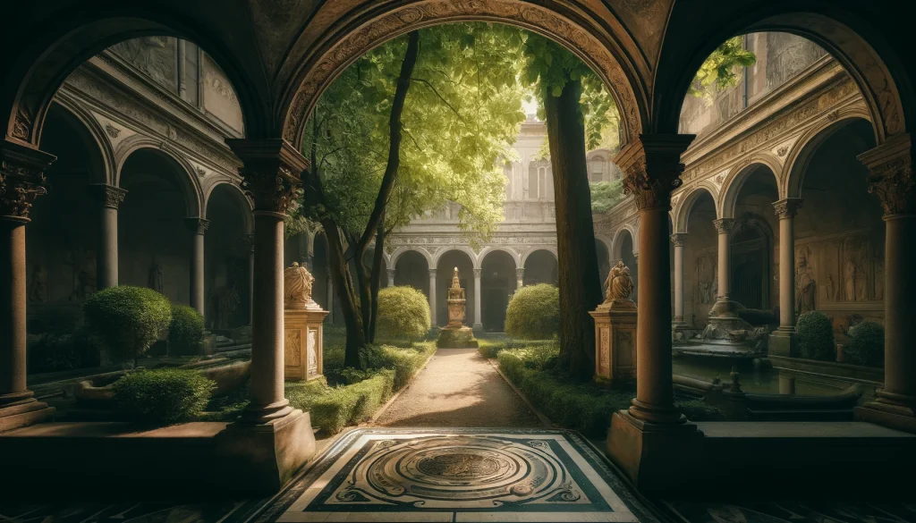 Milan Hidden Courtyards. Ancient stone archways leading into a lush, serene courtyard in Milan, reflecting the city's hidden architectural beauty and tranquil gardens.