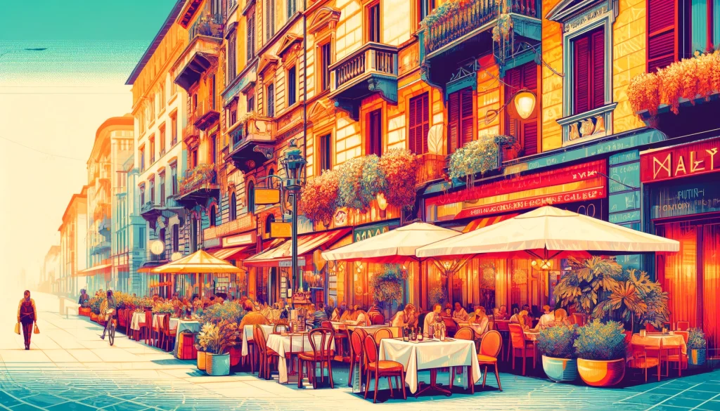 Milan Local Favorite Restaurants. A bustling Milan street scene with views of popular local restaurants, capturing the vibrant dining culture of the city.