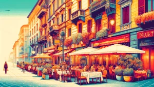 Milan Local Favorite Restaurants. A bustling Milan street scene with views of popular local restaurants, capturing the vibrant dining culture of the city.